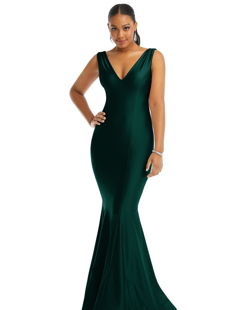 Front of a model wearing a size L Shirred Shoulder Stretch Satin Mermaid Dress with Slight Train in Evergreen by Cynthia & Sahar. | dia_product_style_image_id:301224